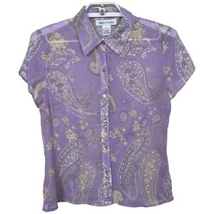 Vintage Rena Rowan Sheer Lavender Paisley Floral‎ Blouse 6 Y2K Fairy Whimsigoth